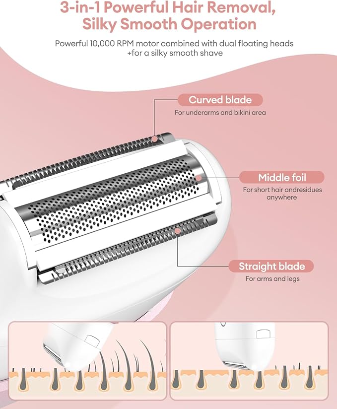 CkeyiN Electric Shaver for Women, IPX65 Waterproof Dry Wet Use Women's Electric Razor for Legs, Armpit, Bikini Public Hair Trimmer with Detachable Head, Cordless/Portable/Rechargeable Foil Shaver