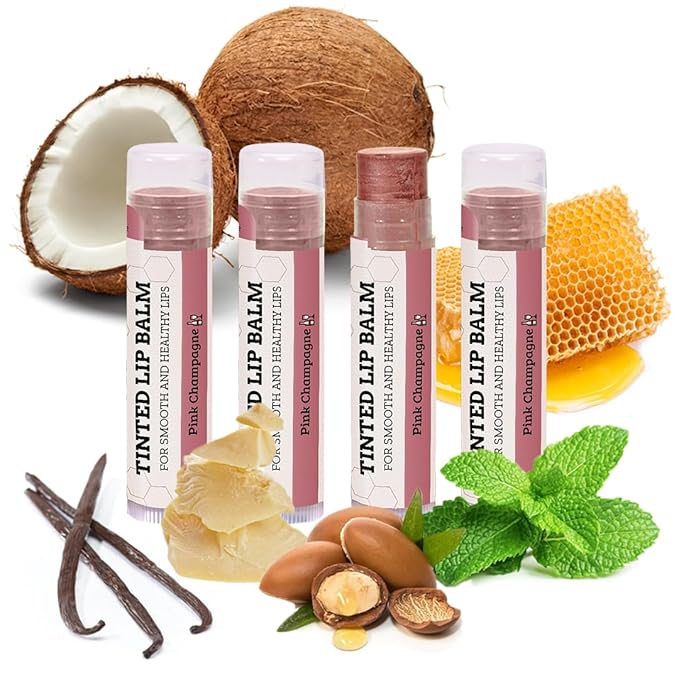 Tinted Lip Balm by Earth’s Daughter – 4 Pack of Pink Champagne Color – Beeswax, Coconut Oil, Cocoa Butter, Vitamin E – Moisturize and Beautify – Paraben Free