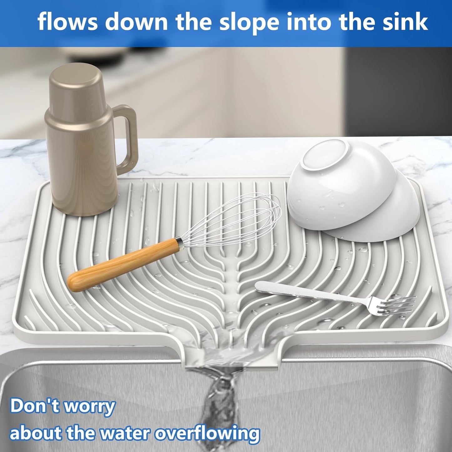 Dish Drying Matt for Kitchen Counter,18"×12"Silicone Dry Rack Mat with Built in Drain, Kitchen Dry Mats for Dishes Drying Pad for Counter(White)