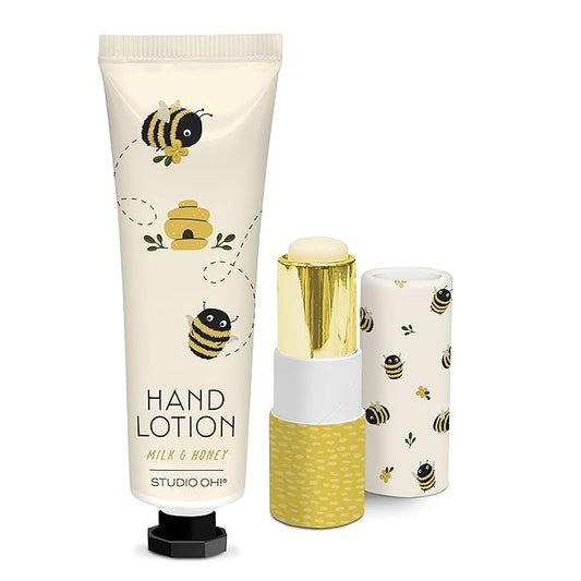 Studio Oh! Lip Balm & Hand Lotion Set - Travel-Size Toiletries, 2-Piece Gift Set - Moisturizing, Portable - Buzzy Bees