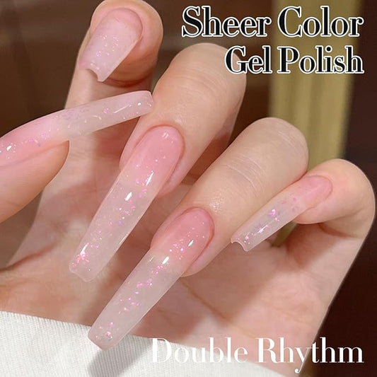Double Rhythm Gel Polish Translucent Sheer Neutral Natural Light Milky Same Color Same Bottle 15ML Jelly Polish Art DIY at Home (Milky Pink Glitter-A1379)