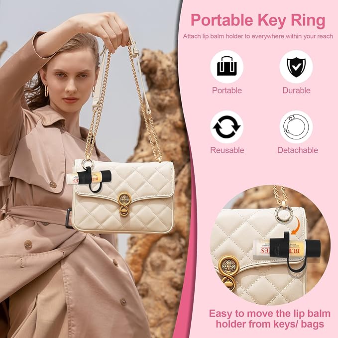 Desing Wish Silicone Lip Balm Holder with Cap Cover Portable Chapstick Holder Keychain Sleeve Lip Balm Key Chain with Key Ring and Neck Strap Lanyard - Black