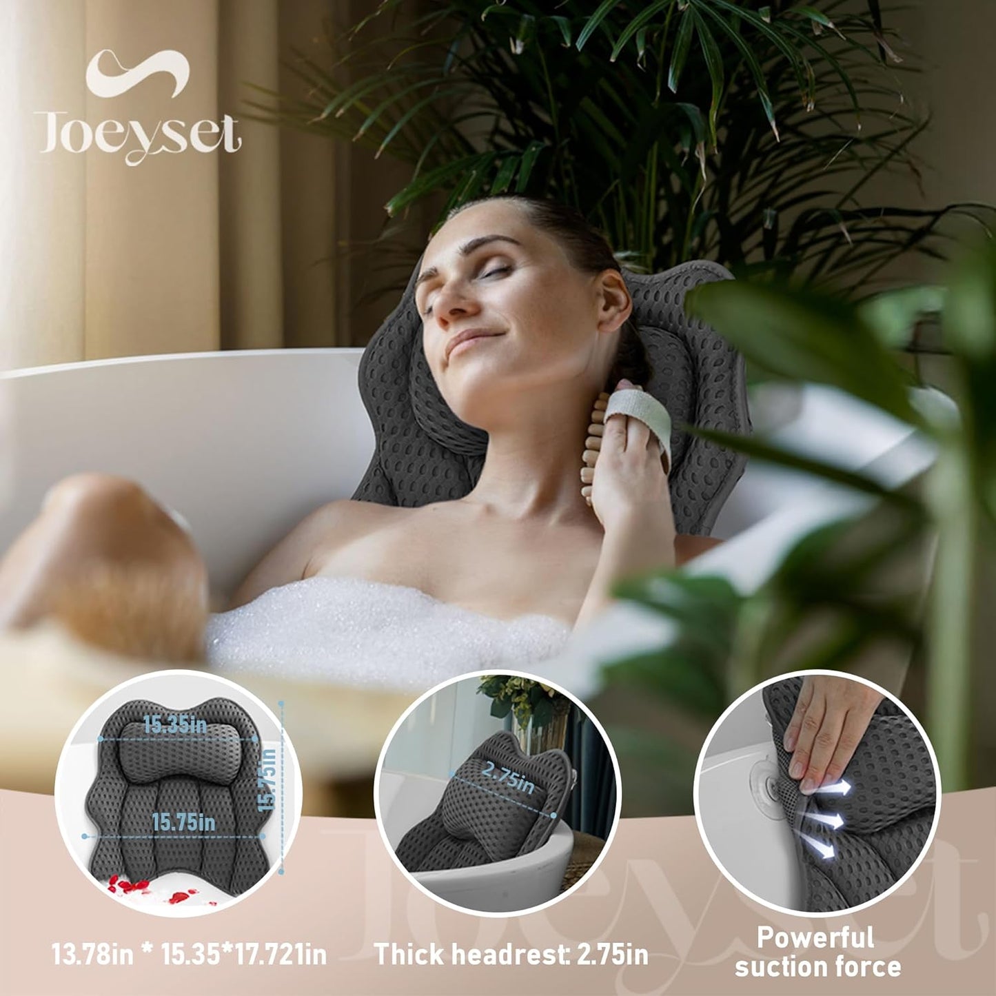 Bath Pillow for Tub, 4D Air Mesh Breathable Fabric, Soft Supportive Bathtub Cushion for Head Neck Back, Ergonomic Spa Pillow with Strong Suction Cups, Quick-Drying, Machine Washable (Black)