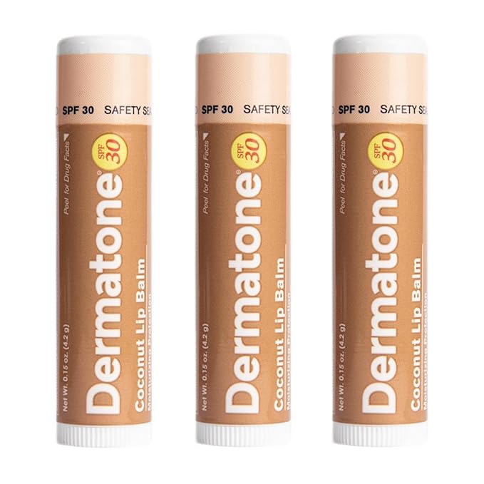 Dermatone Coconut Lip Balm SPF 30 | 3-pack Stocking Stuffer | Moisturizing & Medicated, Aloe & Vitamin E | Chapped and Cracked Lips (Coconut, 0.15oz)