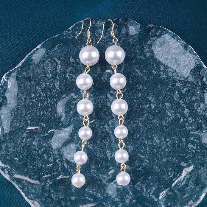 Boho Long Pearl Drop Earrings Vintage Gold Tassel Pearl Dangle Earrings Statement Pearl Chain Drop Dangle Earrings Wedding Prom Bridal Pearl Hook Earrings Jewelry for Women
