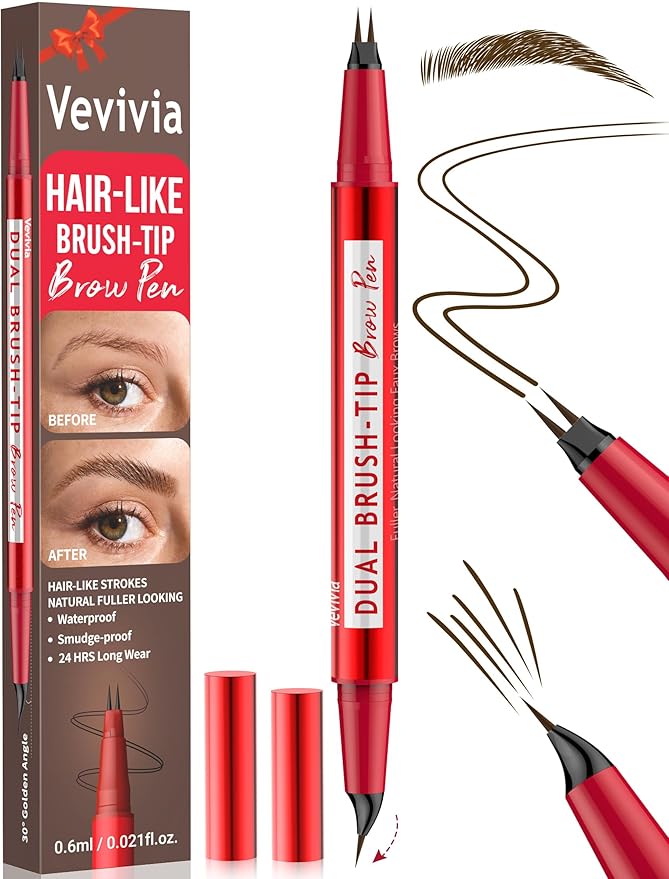 Vevivia Eyebrow Pencils for Women - Eyebrow Pen with Dual-Brush-Tip & Curved Tip for Natural Fuller-Looking Brows, Precise Hair-Like Strokes for All Brow Types, Last All-Day Brow Makeup, Dark Brown