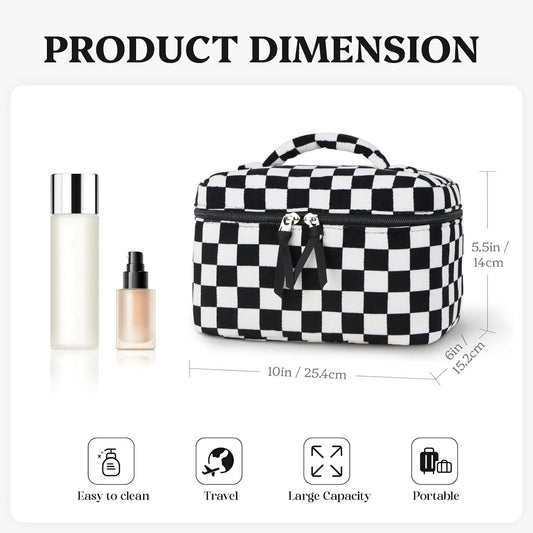 Prite Corduroy Large Travel Quilted Makeup Bag for Women Floral Cotton Cosmetic Bag Coquette Aesthetic Floral Toiletry Organizer Bag(Dark Checkerboard)