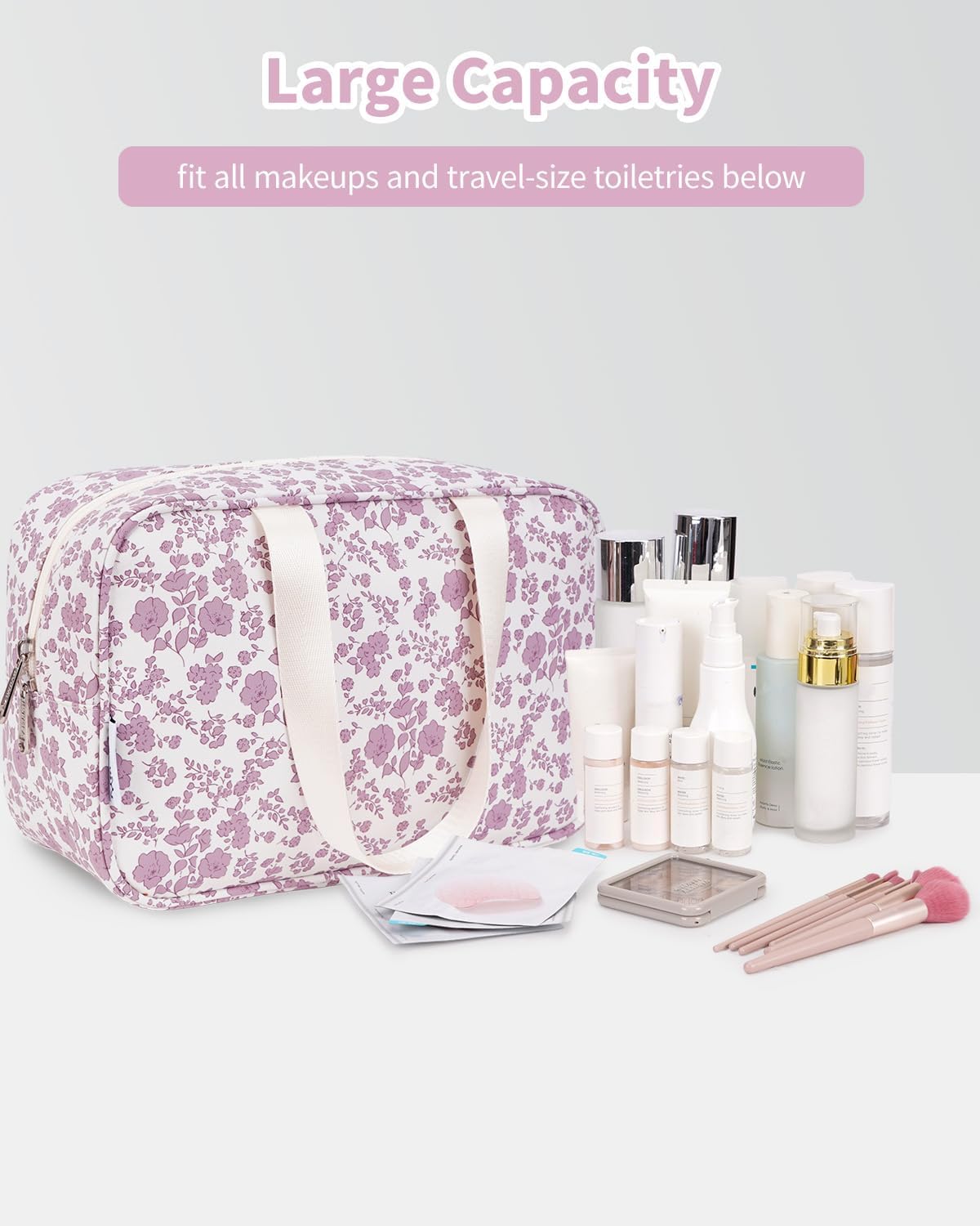Narwey Large Floral Travel Toiletry Bag Women Toiletries Bag Skincare Bag Makeup Bag Organizer Make up bag Cosmetic Bag Medicine Bag for Girls (Little Dusty Pink Flower, Large)