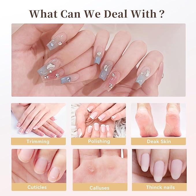 Electric Nail Drill, 8-in-1 Cordless Electric Nail File with LED Light, 5 Speeds Rechargeable Manicure and Pedicure Kit Hand Foot Care Tool for Nail Grinder Trim Polish for Women Baby