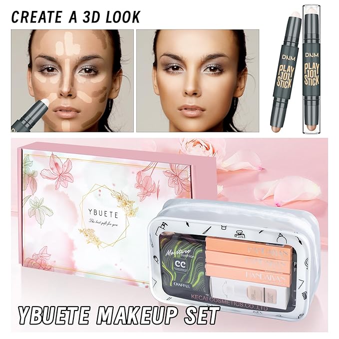 Makeup Kit Set for Women, Makeup Present for Women Teen Girl, Eyeshadow Foundation CC Cream Face Primer, Makeup Brush Sponge, Lipstick, Eyebrow Soap Pencil Mascara Eyeliner Cosmetic bag