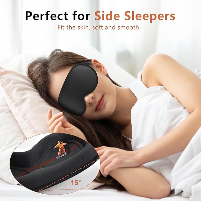 Sleep Mask for Side Sleeper Women Men, Eye Mask for Sleeping Light Blocking, 3D Contoured Cup Sleeping Mask, Soft Breathable Sleep Eye Mask with Adjustable Elastic Strap for Travel (Black)