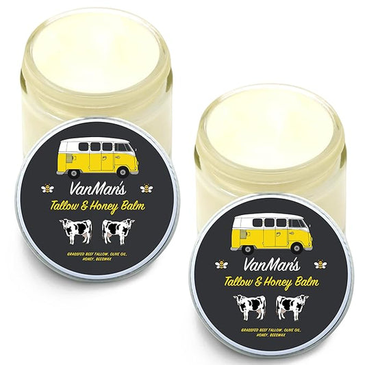 Vanman's Tallow and Honey Balm With No Added Scent (2 Pack) - Beef Tallow Face Moisturizer with Grass-Fed/Finished Beef Tallow for Skin, Organic Raw Honey and Beeswax, Cold Pressed Olive Oil - 2.5 oz