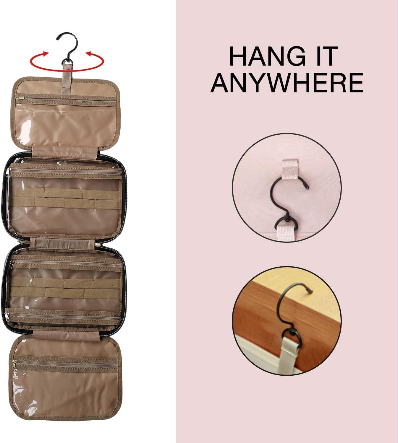 Travel Toiletry Bag with Hanging Hook, Water-resistant Makeup Cosmetic Bag Travel Bathroom Organizer for Accessories, Shampoo, Women Toiletries Container (Gray, Medium)