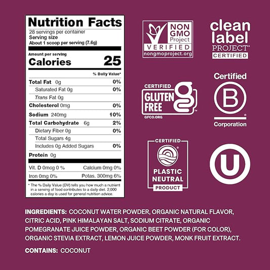 Cure Hydration | Plant-Based Electrolyte Drink Mix | No Added Sugar | Dehydration Relief Powder Made with Coconut Water | Non-GMO | Vegan | 28 Servings Jar - Berry Pomegranate