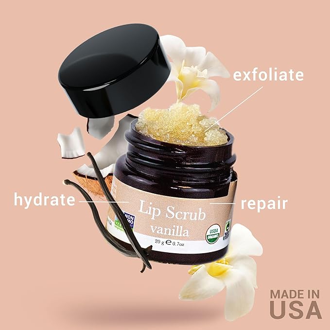 Organic Lip Scrub Vanilla - Lip Scrubs Exfoliator & Moisturizer, Lip Exfoliator Scrub, Sugar Lip Scrubs, Lip Sugar Scrub, Lip Care Products for Chapped Lips, Lip Scrubber, Lip Moisturizer for Dry Lips