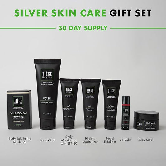 Tiege Hanley Mens Skin Care Gift Box Set, Silver - Men's Skincare Set Includes Face Wash, AM & PM Facial Moisturizer, Face Clay Mask & Scrub, Body Scrub Bar, & Moisturizing Lip Balm