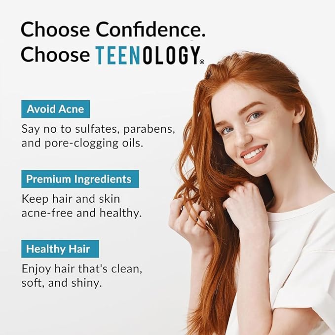 Teenology Shampoo for Teens - Avoid Forehead and Body Acne - No Sulfates or Parabens, Noncomedogenic, Natural Botanical Extracts, 16 oz. (Sweet Mint)