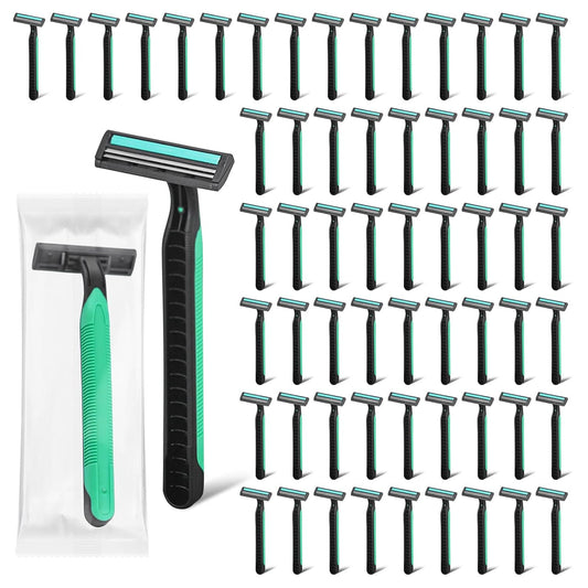 Disposable Twin Blade Razors in Bulk, Individually Wrapped - Clear Safety Cap, For Homeless, Hotel, Airbnb, Travel (pack of 100,green)