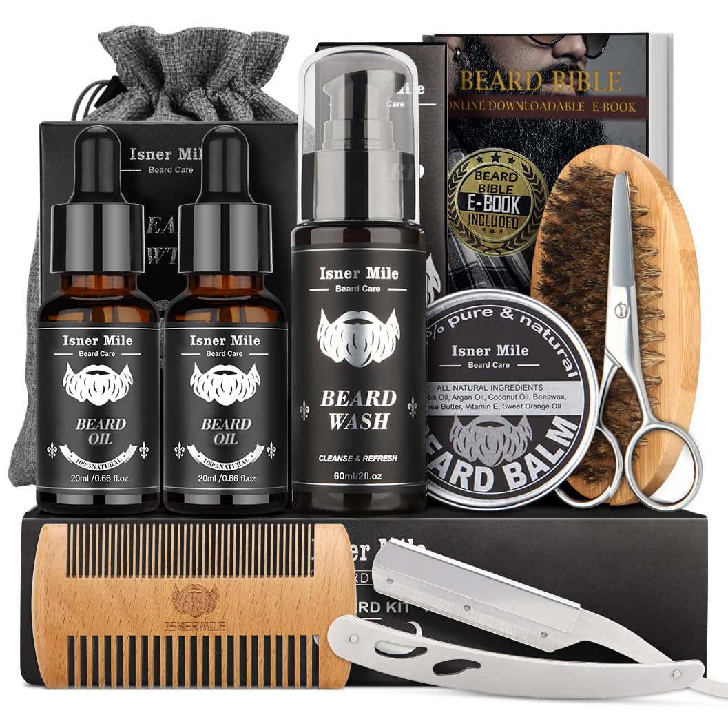 Beard Grooming Kit for Men Care: with Beard Shampoo - Oil - Balm - Brush - Comb - Scissors & Storage Bag, Fathers Day - Christmas - Birthday Gifts for Men, Stocking Stuffers for Him/Boyfriend/Husband