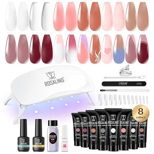ROSALIND Poly Nail Gel Kit -8 Colors + White Brown Accessories Clear Nude Poly Nails Gel Starter Kit With Slip Solution Nude Pink Extensions Set with Mini UV Lamp