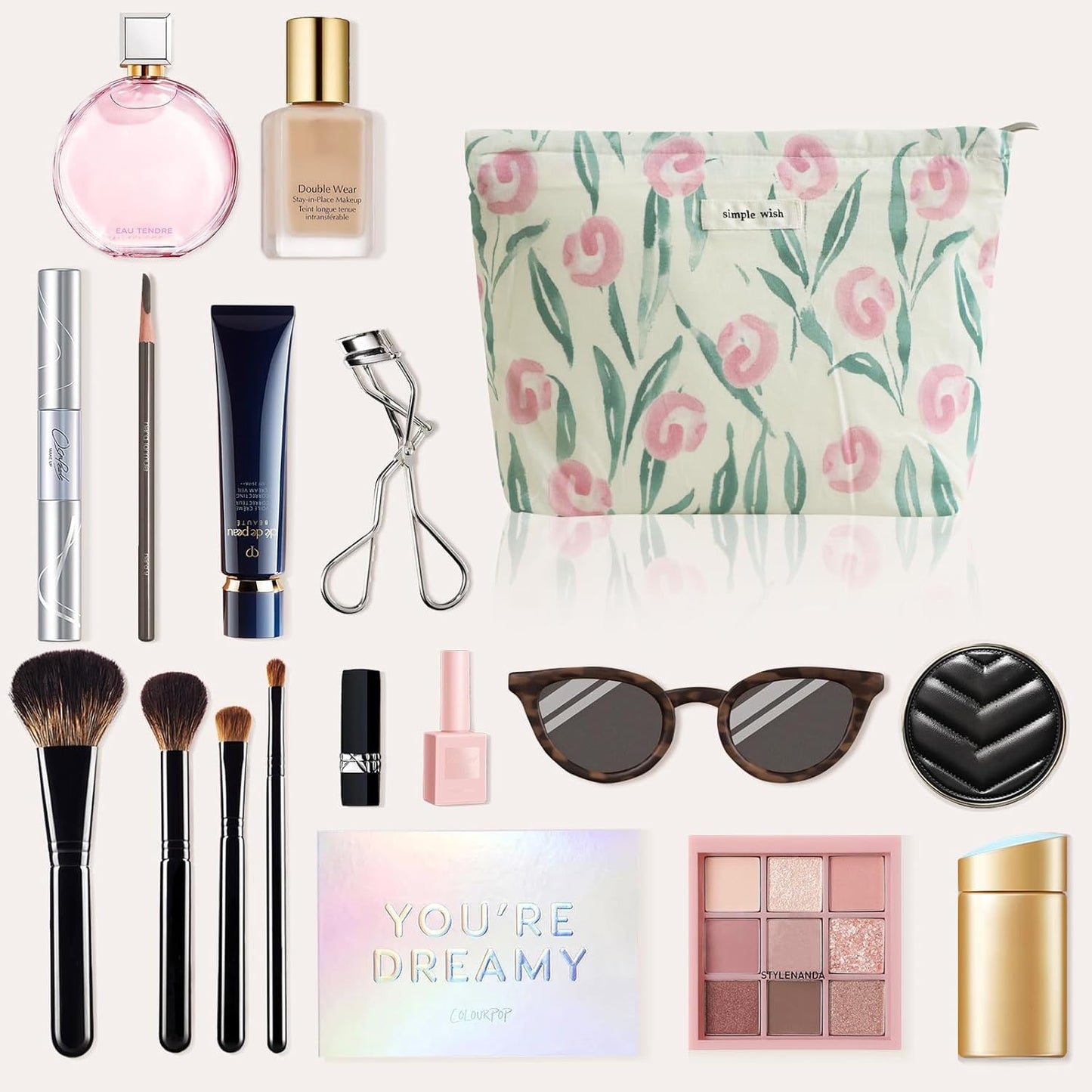 Wudygirl Cute Makeup Bag for Women - Travel Cosmetic Bag with Zipper Makeup Pouch Floral Make up Organizer Handbag Aesthetic (White Tulips)