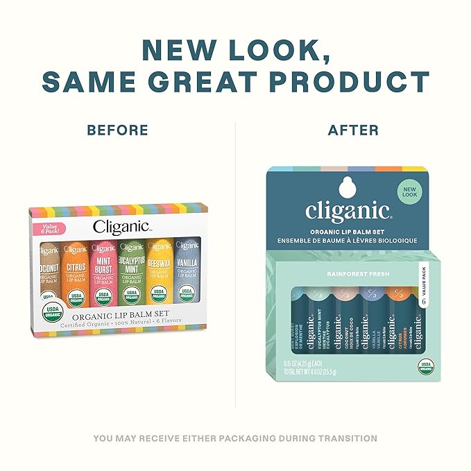 Cliganic Organic Lip Balm Set (4 Packs of 6 Tubes), 100% Natural Moisturizer for Cracked & Dry Lips (Packaging May Vary)