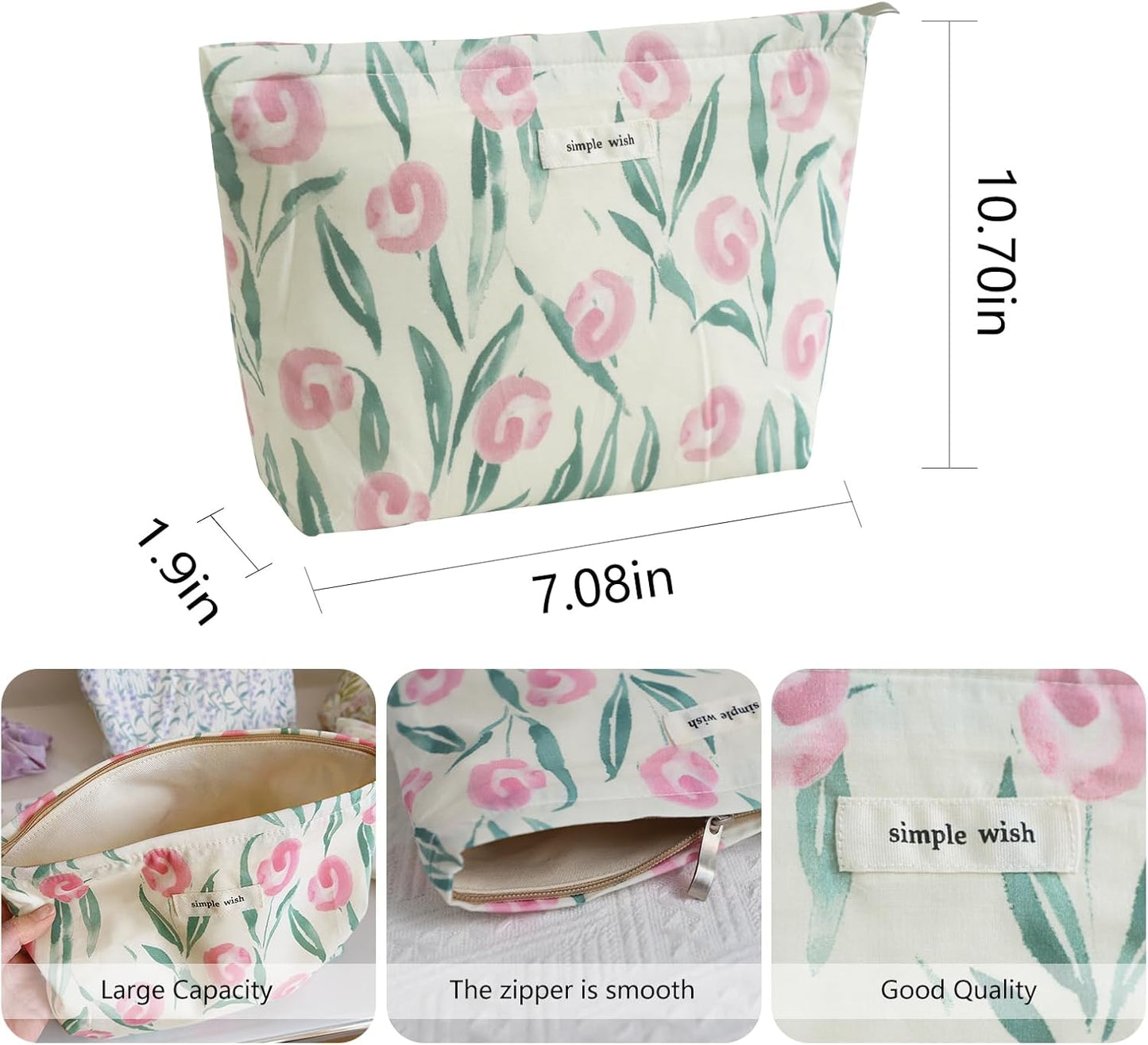 Wudygirl Cute Makeup Bag for Women - Travel Cosmetic Bag with Zipper Makeup Pouch Floral Make up Organizer Handbag Aesthetic (White Tulips)