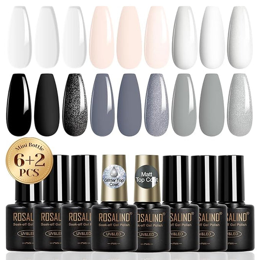 ROSALIND White Black Gel Nail Polish Set with Matte and Glitter Top Coat, 6 Colors Black Milky White Neutral Nude Grey Gel Nail Polish Soak Off Gel Nail art