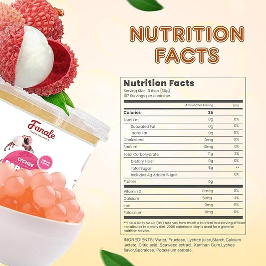 Fanale Lychee Popping Boba Pearls, Vegan, Non GMO, Gluten Free, Fat Free, Perfect for Bubble Tea, Smoothies, Ice Cream, Desserts, and Beverages.