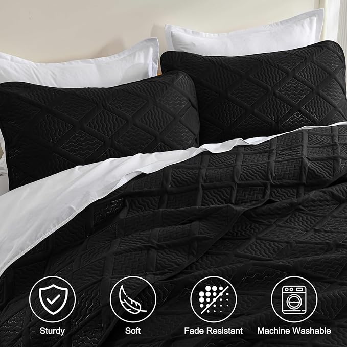 Yiran Quilt Queen Size Bedding Set Black Bedspreads Embossed Diamond Pattern Soft Microfiber Coverlet Bedding Set for All Season with 2 Pillow Shams (Full Queen, 96x90 Inch)