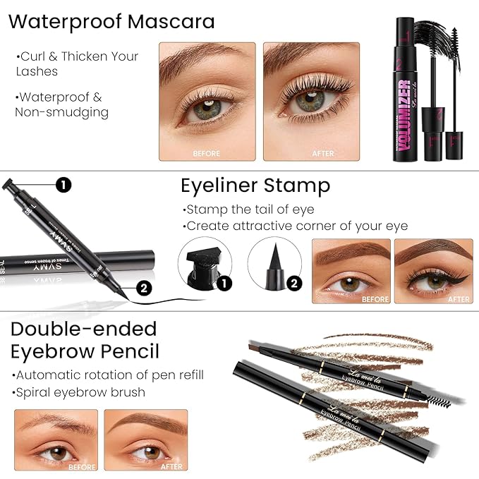 Makeup Present Set for Teen Girl Women, Travel Makeup Kit, Makeup Full Kit for Beginner, Makeup Bundle Include 2 Matte & Shimmer Eyeshadow Palettes, Liquid Glitter Eyeshadow & Eyeliner