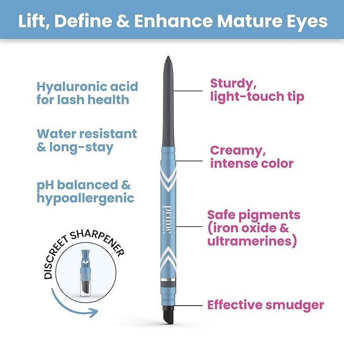 PrimeEyes Glide Eyeliner for Mature Women – Water-Resistant, Long-Stay and Mess-Proof – Gel Cream Texture, Discreet Sharpener and Effective Smudger (Sapphire (blue))
