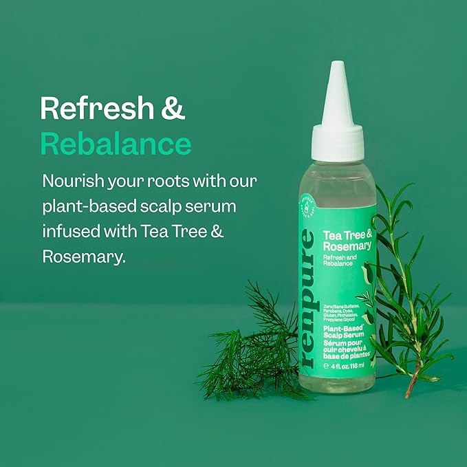 Renpure Tea Tree & Rosemary Scalp Serum, Plant-Based - Refreshing & Rebalancing - For Moisturized, Soft Hair - For Oily/Normal Hair- Tea Tree Leaf Oil, Rosemary Leaf Extract - 4 Fl Oz