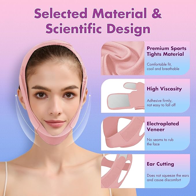 Face Slimming Strap, Double Chin Reducer Band, Graphene V-Line Mask Chin Up Mask V Shaped Face Mask Chin strap for sleeping, V-Line Lifting Mask for Women, Pink, Medium