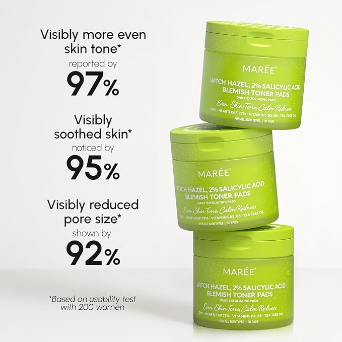MAREE Blemish Toner Polishes - Daily Facial Radiance Toner Polish - Witch Hazel Pads Acne Face Toning - Acne Skin Care with BHA Salicylic Acid - Blemish Clearing Witch Hazel Wipes
