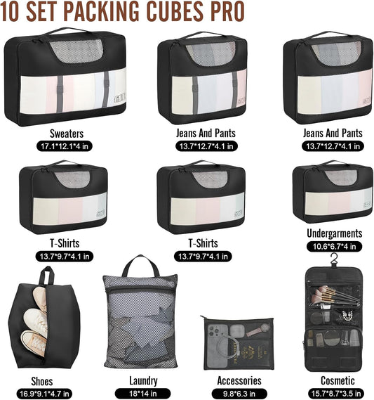 Veken 10 Set Packing Cubes for Travel Essential, Suitcase Organizer Bags in 4 Sizes, Carry-On Luggage Accessories with Large Laundry & Hanging Toiletry Bag, Must-Have for Airplane, Road Trip & Camping
