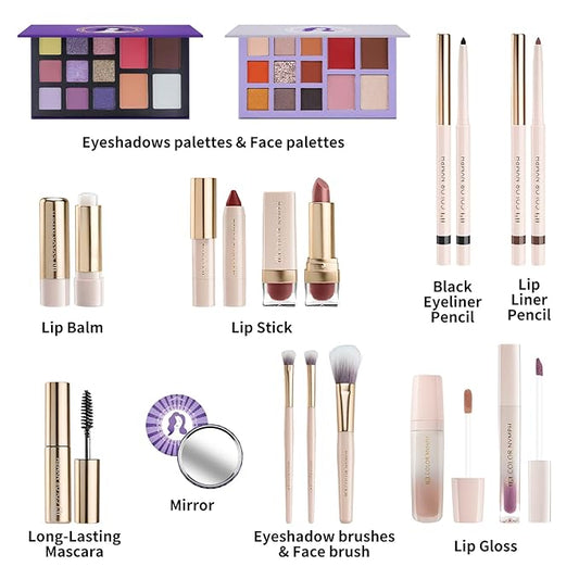 Color Nymph Beginner Makeup Set for Teens, Full Kit Girls Makeup Kits with Exquisite Purple Box Teen Girls Makeup Kit Non-Toxic Includes Eyeshadow Palettes Mascara Lipstick Makeup Set Brushes Kit etc