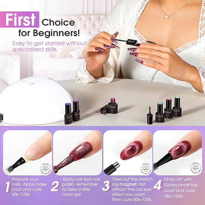 ROSALIND Cateye Gel Polish, 8 Colors Holographic Magnetic Cat Eye Gel Nail Polish Set with Magnet, Red Blue Purple Black Gel Polish Galaxy Collection Nail Art Gift DIY at Home