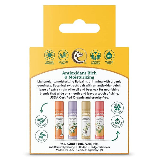 Badger - Classic Lip Balm Gold Box with Aloe, Extra Virgin Olive Oil, Beeswax & Essential Oils, Lip Balm Variety Pack, Certified Organic, 0.15 oz (4 Pack)