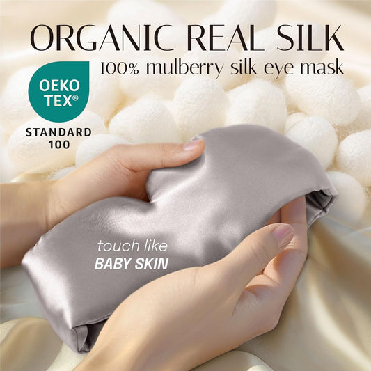 Silk Sleep Mask Soft Pressureless: 100% Mulberry Silk for Eye Skin Anti Wrinkles, Large Size for Total Blackout, Adjustable Wide Velcro Ear Cover