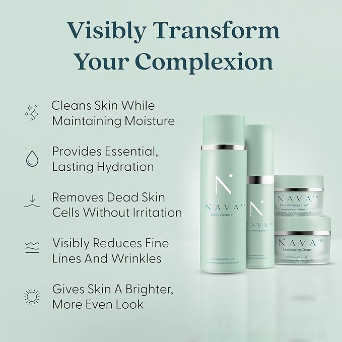 NAVA MD Clinical Skincare System | Cleanser, Serum, Moisturizer, Eye Cream | Developed By Doctors and Scientists | Promote Healthy, Youthful Skin | Contains Aquabeautine XL