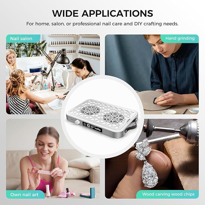 Professional Nail Dust Collector, 1600PA Portable, 10 Speeds, Disposable Filter Papers (30 Pcs), Matte White, Modern, Lightweight, Nail Vacuum for Home & Salon-White