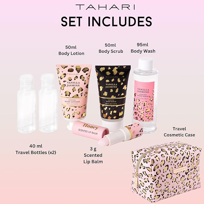 Tahari Spa Gift Set for Women, Vanilla Jasmine Spa Set, Bath Kit for Women Gift Set Includes Body Lotion, Body Wash, Hand Cream, Lotion Gift Set for Women, Birthday Gifts For Women - (Leopard)