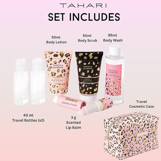 Tahari Spa Gift Set for Women, Vanilla Jasmine Spa Set, Bath Kit for Women Gift Set Includes Body Lotion, Body Wash, Hand Cream, Lotion Gift Set for Women, Birthday Gifts For Women - (Leopard)