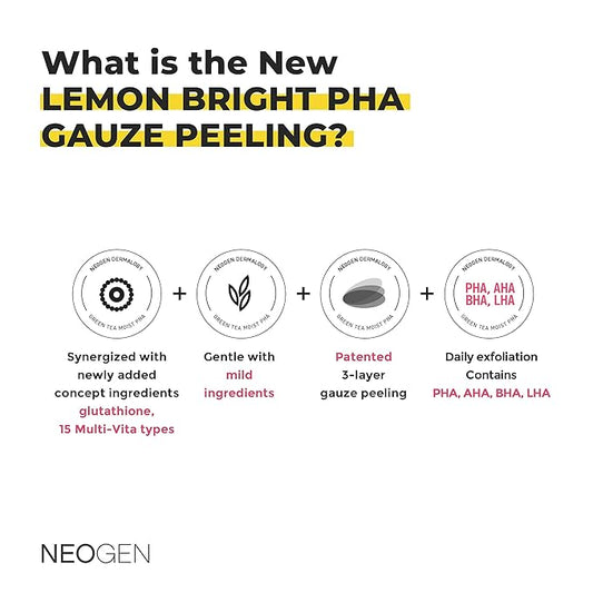 NEOGEN Lemon PHA Gauze Peeling Pads (30 pads) - Exfoliating Peeling Pad with AHA, BHA, PHA, LHA & Lemon & Glutathione & Niacinamide - Korean Skin Care
