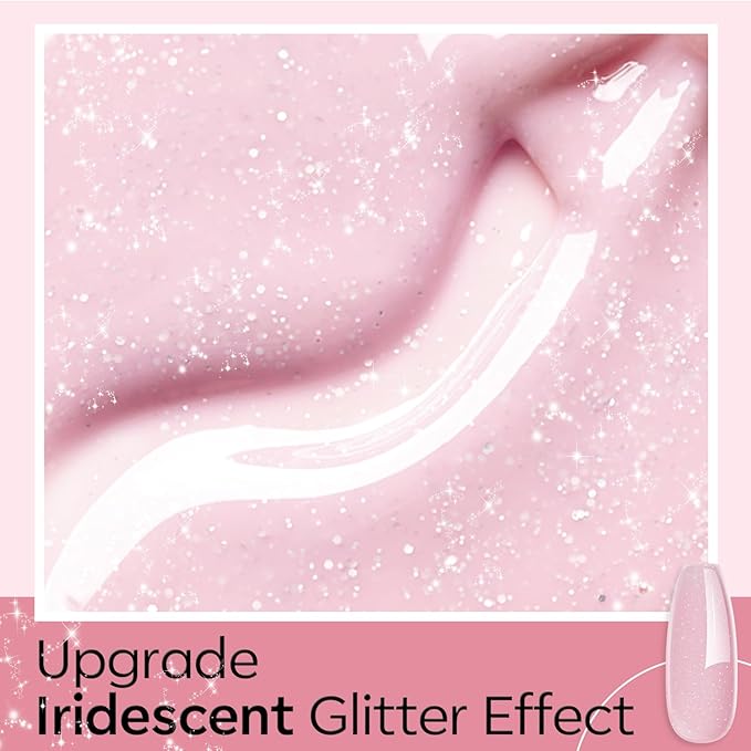 modelones Builder Nail Gel, 8-in-One Nude Pink Glitter Builder, Rainbow Iridescent Shimmer Nail Gel Polish, Jelly Pink Sparkle LED Lamp Cured Hard Rubber Color Base for Home DIY Salon Girls