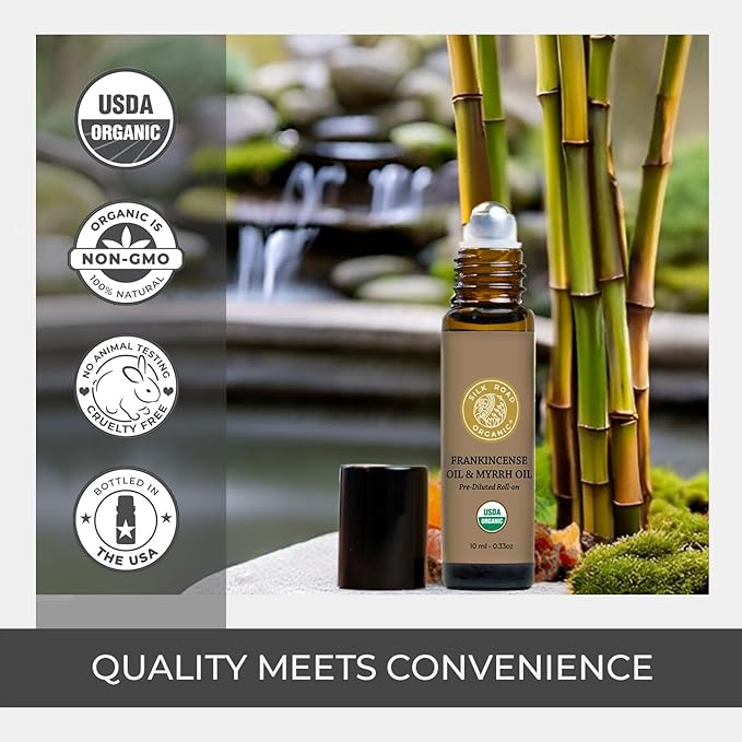 Silk Road Organic Frankincense Oil & Myrrh Essential Oil Roll On, 100% Pure USDA Certified Aromatherapy for Body Aches, Stiffness & Tingling, Stress Relief, & Skin - 10 ml Roller