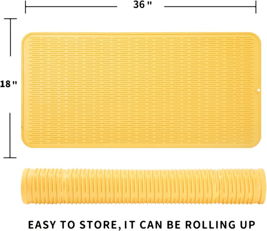 Silicone Dish Drying Mat for Multiple Usage,Easy clean,Eco-friendly,Heat-resistant Silicone Mat for Kitchen Counter or Sink,Refrigerator or Drawer Liner Yellow 5XL 36inches x 18inches