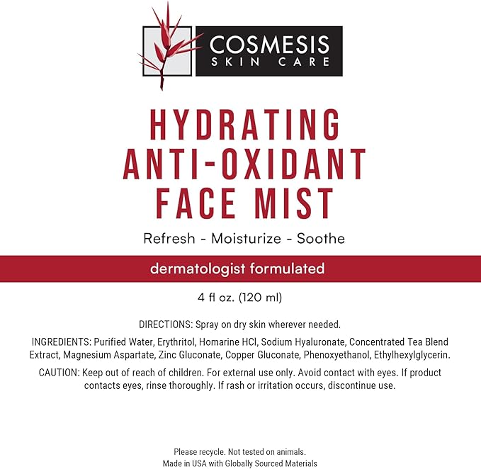 Cosmesis Hydrating Anti-Oxidant Face Mist - Refresh, Moisturize & Soothe Dry Skin, Tea Blend & Vitamins A/D - 4 fl oz