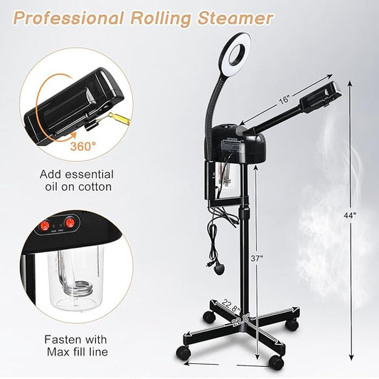 Winado 2 in 1 Facial Steamer with 5X Magnification Light, Deep Cleaning for Personal Skin Care, Beautician Steamer Professional Humidifier Facial Spa Mist Steam for Home & Beauty Salon, Black